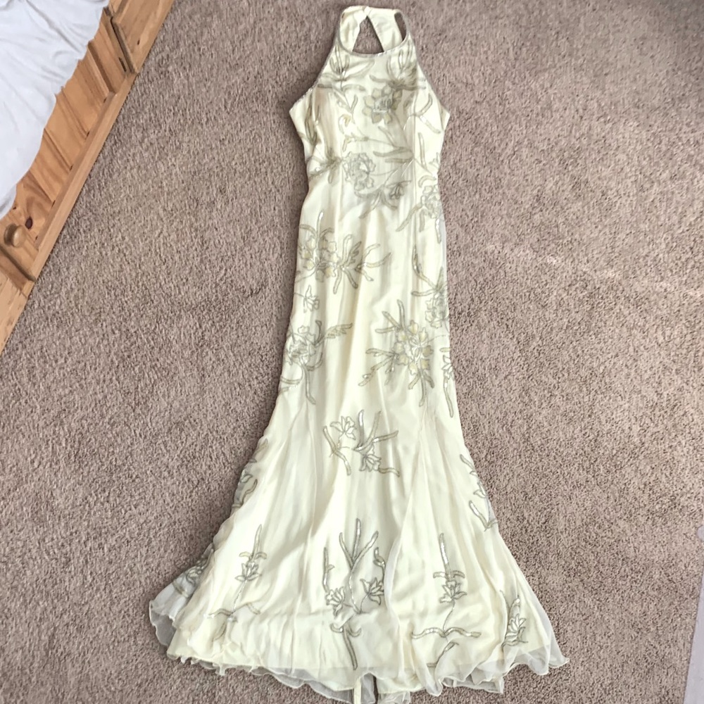 Cache Yellow High Neck Open Back Sequined Gown